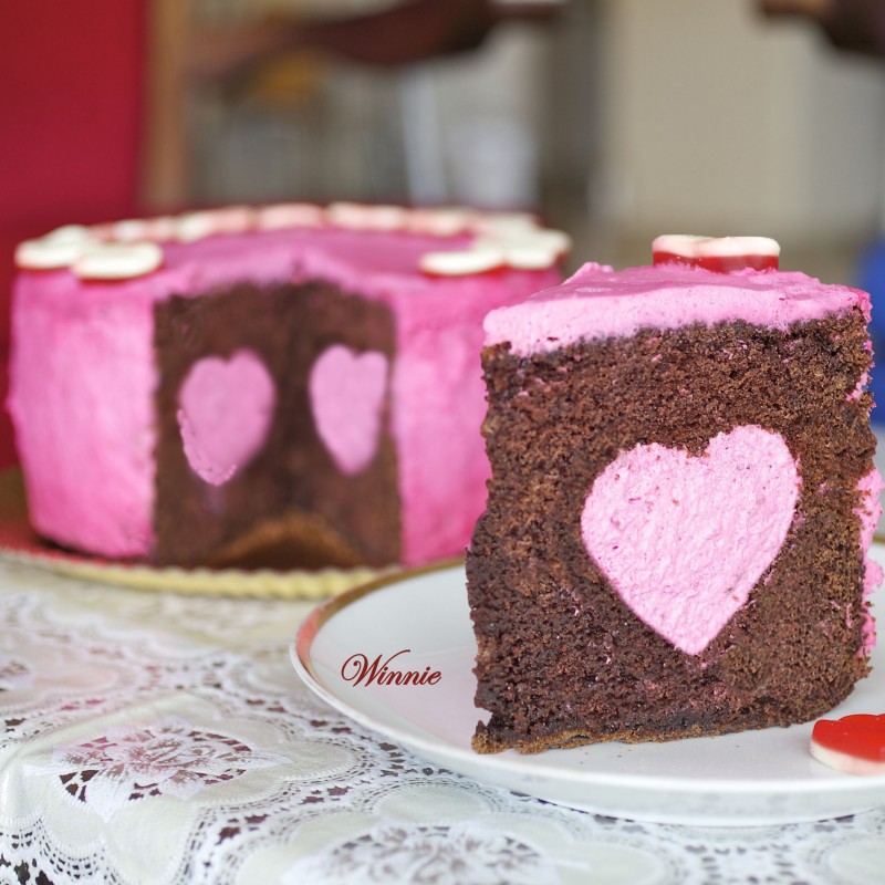 Chocolate cake with strawberry mousse heart