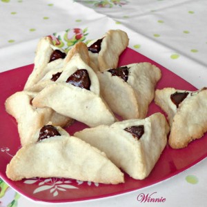 Hamantashen -Linzer shortbread cookies, filled with chocolate