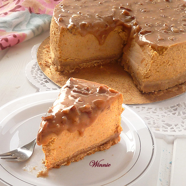 Pumpkin Cheesecake with Caramel Pecan Glaze